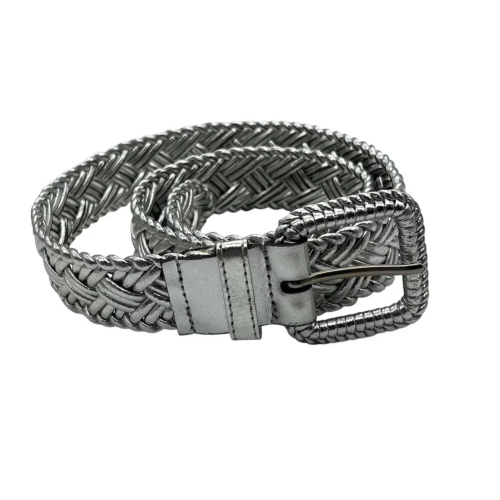 Vtg Metallic Silver Braided Leather‎ Belt Woven Buckle Design Women Size Small